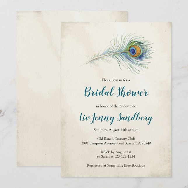 Bohemian Peacock Feather Teal Bridal Shower Invitation (Front/Back)
