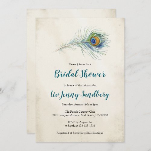 Bohemian Peacock Feather Teal Bridal Shower Invitation