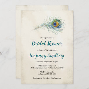 Bohemian Peacock Feather Teal Bridal Shower Invitation