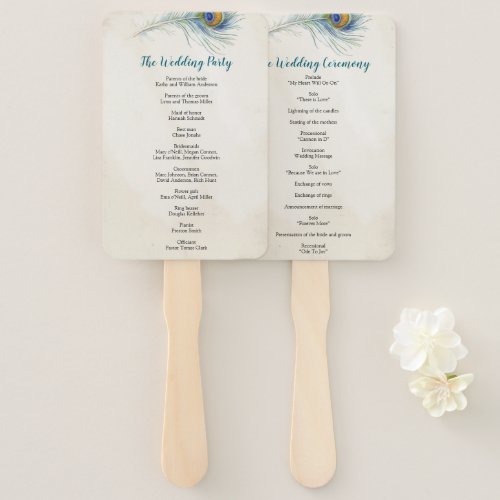 Bohemian Peacock Feather Teal Wedding Program Hand Fan