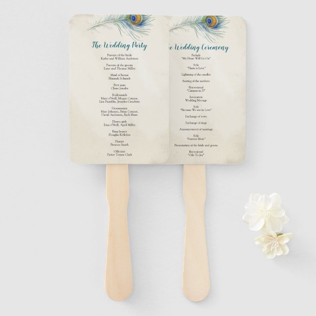 Bohemian Peacock Feather Teal Wedding Program Hand Fan (Front and Back)