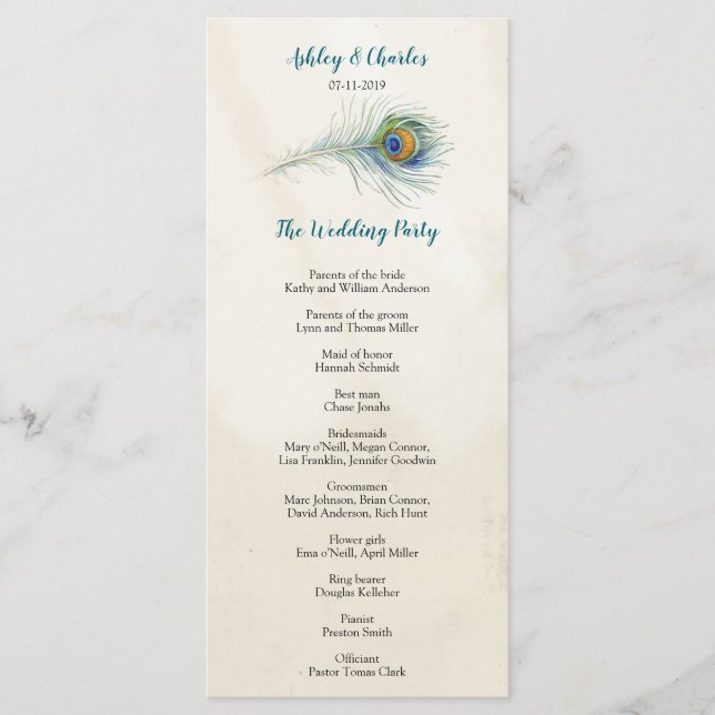 Bohemian Peacock Feather Teal Wedding Rackcard Program (Front)