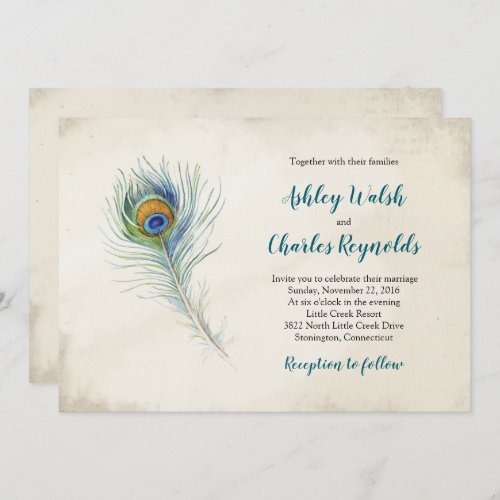 Bohemian Peacock Feather Vintage Teal Wedding Invitation