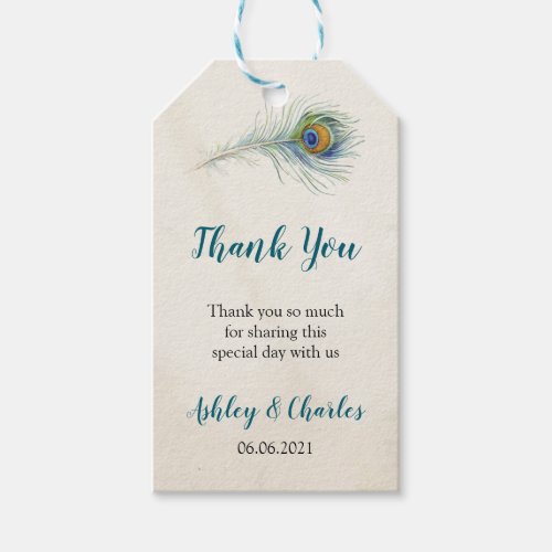 Bohemian Peacock Feather Vintage Wedding Thank You Gift Tags
