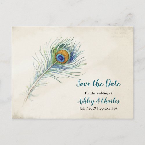 Bohemian Peacock Feather Wedding Save the Date Announcement Postcard