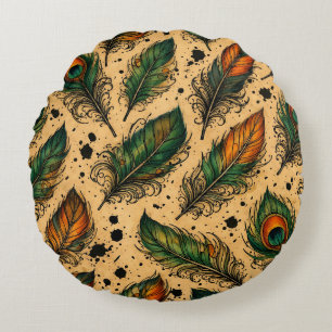 Bohemian Peacock Feathers Pattern Round Pillow