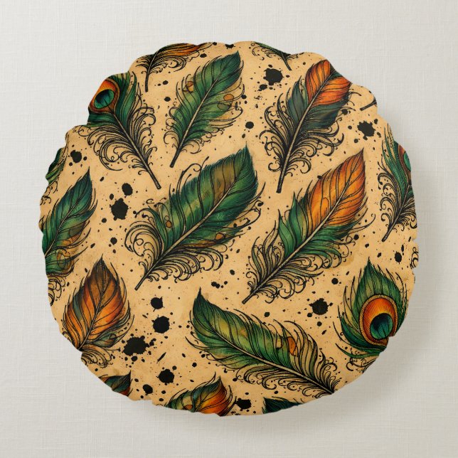 Bohemian Peacock Feathers Pattern  Round Pillow (Front)