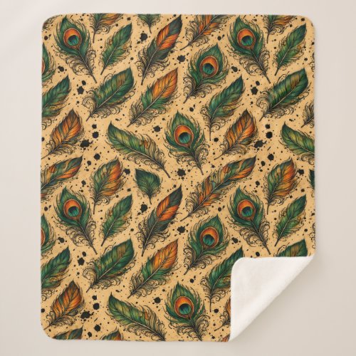 Bohemian Peacock Feathers Pattern Sherpa Blanket