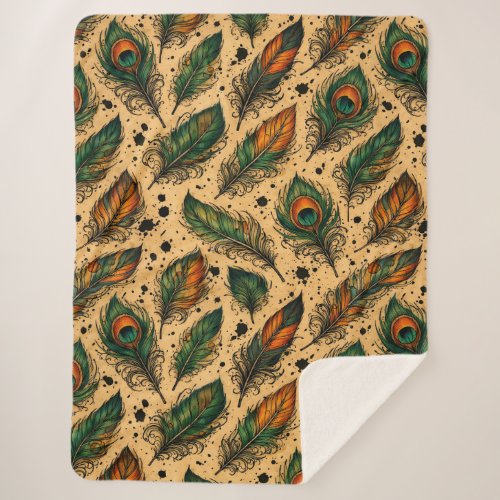 Bohemian Peacock Feathers Pattern  Sherpa Blanket