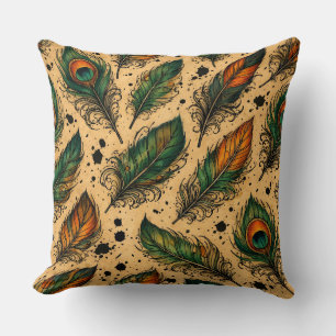 Bohemian Peacock Feathers Pattern Throw Pillow