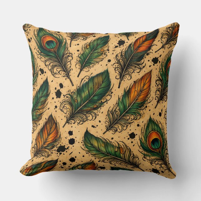 Bohemian Peacock Feathers Pattern  Throw Pillow (Front)