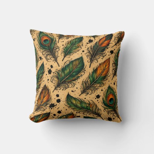 Bohemian Peacock Feathers Pattern Throw Pillow