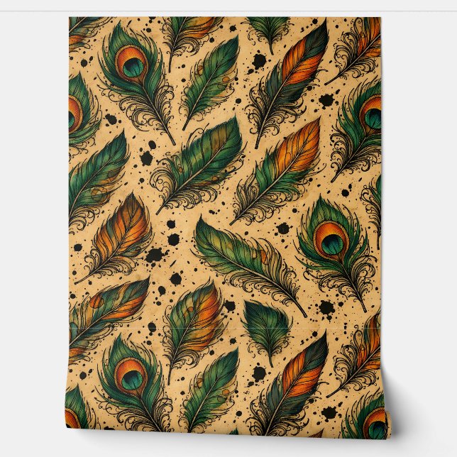 Bohemian Peacock Feathers Pattern  Wallpaper (Unrolling)