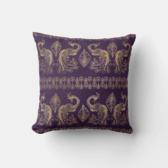 Bohemian peacock purple and gold elegant  throw pillow (Front)