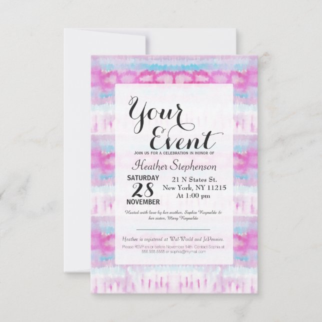 Bohemian Pink and Blue Abstract Tie Dye Pattern Invitation (Front)