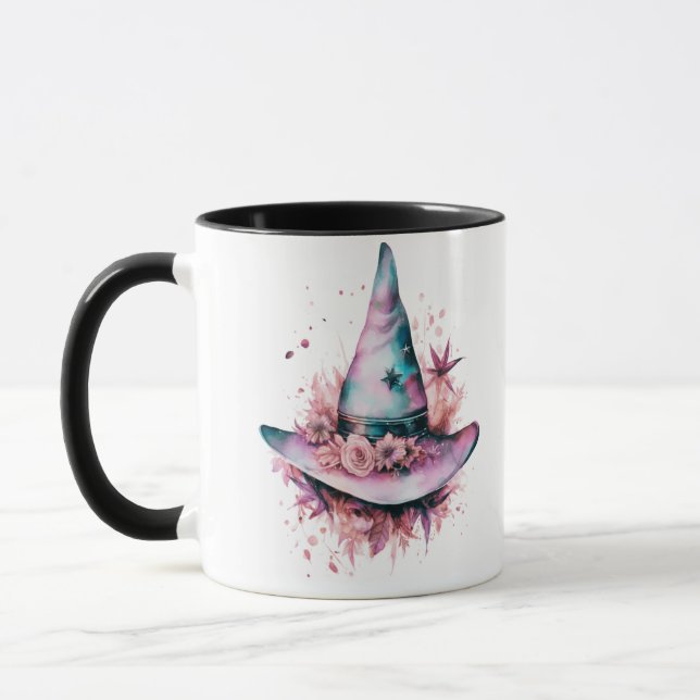 Bohemian Pink and Blue Witches Hat Halloween Mug (Left)