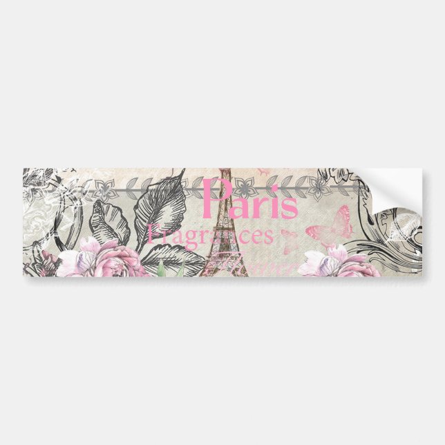 Bohemian pink black floral Paris Eiffel Tower typo Bumper Sticker (Front)