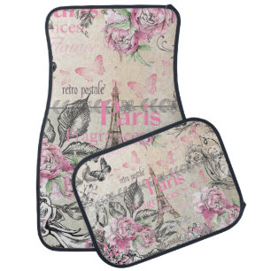 Bohemian pink black floral Paris Eiffel Tower typo Car Floor Mat