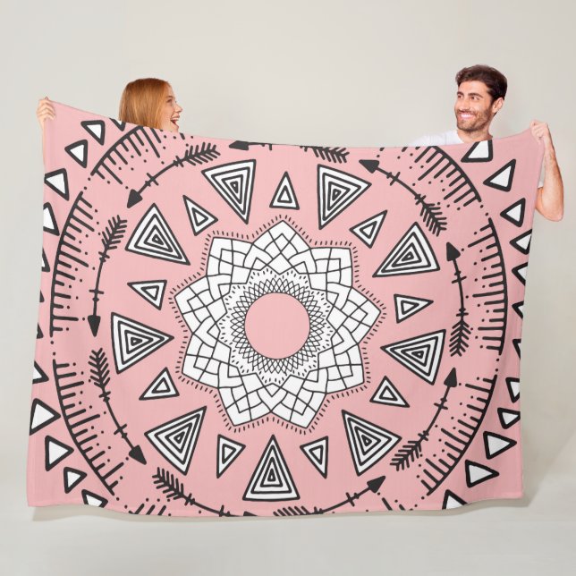 Bohemian Pink Black Tribal Aztec Hipster Mandala Fleece Blanket (In Situ)