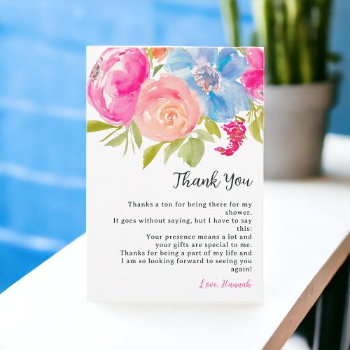 Bohemian pink blue floral watercolor bridal shower thank you card