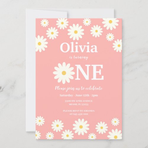 Bohemian Pink Daisy Floral 1st Birthday Party   Invitation