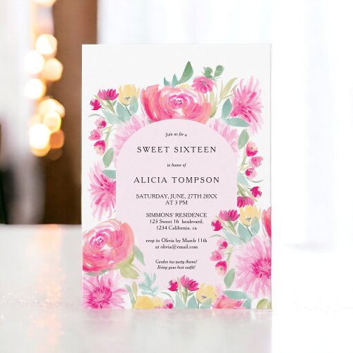 Bohemian pink floral arch chic Sweet 16 Invitation
