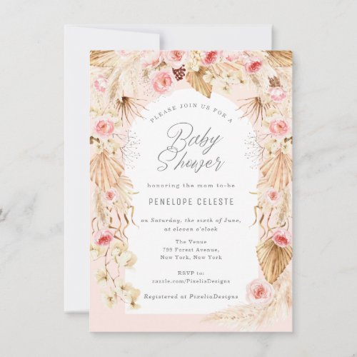 Bohemian pink floral pampas arch baby girl shower invitation