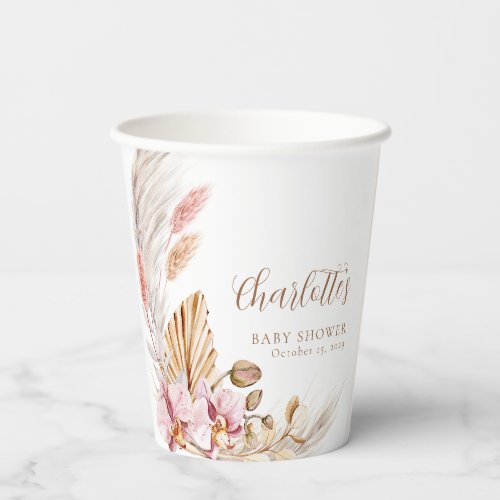 Bohemian Pink Floral Pampas Grass  Baby Shower  Paper Cups