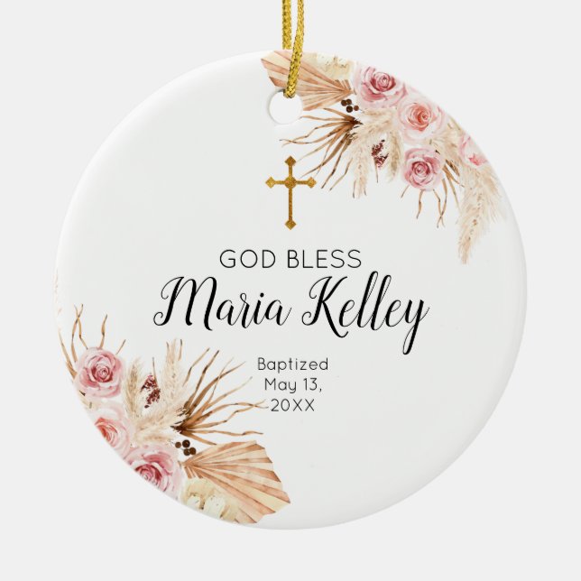 Bohemian Pink Floral Personalized Girl Baptism Ceramic Ornament (Front)