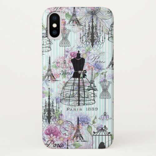 Bohemian pink floral stripes Paris Eiffel iPhone XS Case