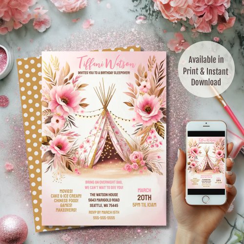 Bohemian Pink Floral Twinkle Lights Sleepover  Invitation