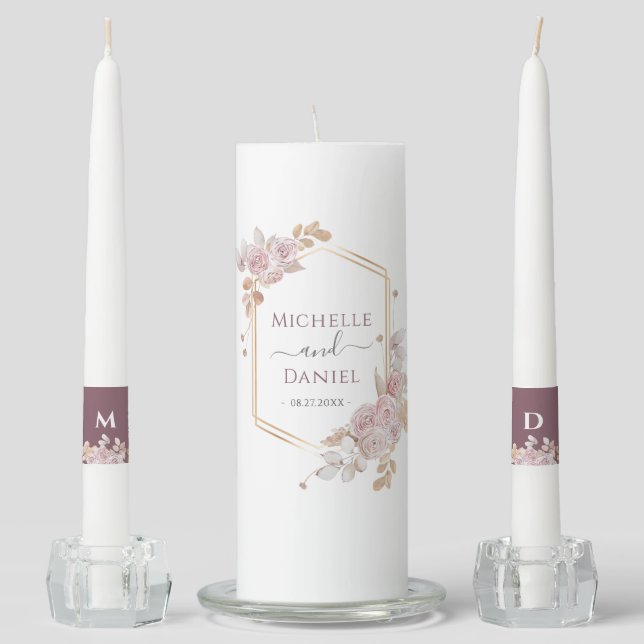 Bohemian Pink Floral Wedding Unity Candle Set (Front)