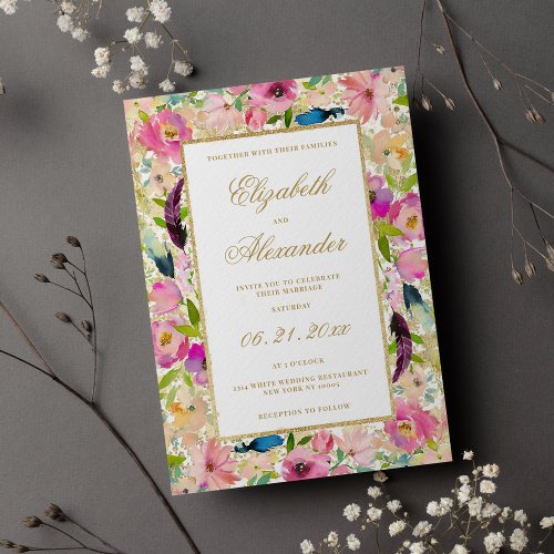 Bohemian pink mint coral gold floral theme wedding invitation