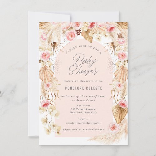 Bohemian pink modern arch floral boho pampas invitation