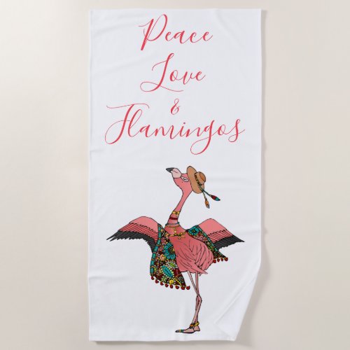 Bohemian Pink Peace Love and Flamingos Beach Towel