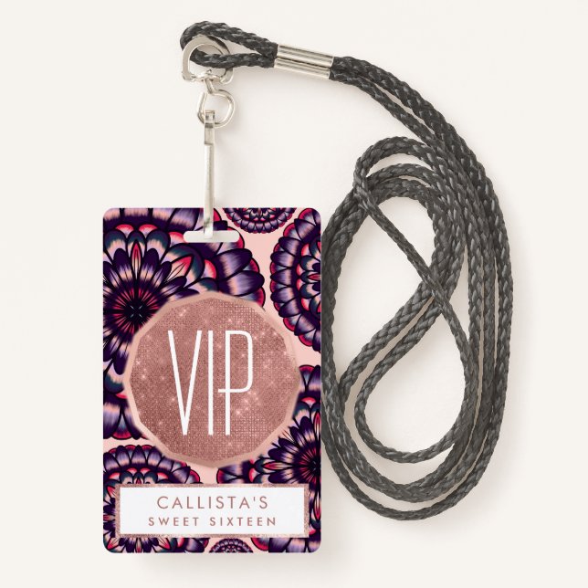 Bohemian Pink Purple Painted Acrylic Flowers Badge (Front with Lanyard)