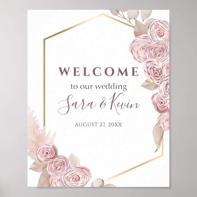 Bohemian Pink Roses and Golden Wedding Welcome Poster (Front)