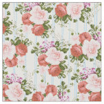 Bohemian pink roses flowers pastel blue stripes fabric