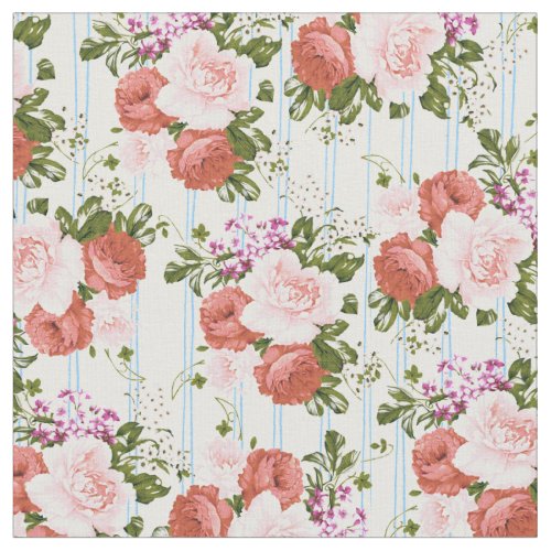 Bohemian pink roses flowers pastel blue stripes fabric