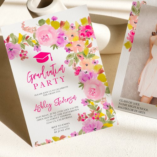 Bohemian pink roses wildflowers spring graduation invitation