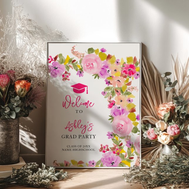 Bohemian pink roses wildflowers spring graduation poster (Bohemian pink roses wildflowers spring graduation poster)