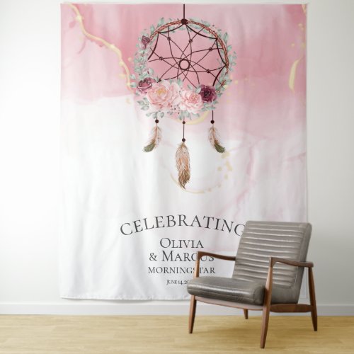 Bohemian Pink Scarlet Watercolor Dream Catcher Tapestry