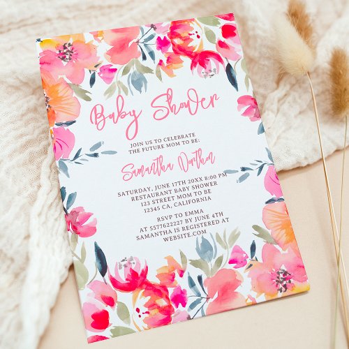Bohemian pink watercolor flowers baby shower invitation
