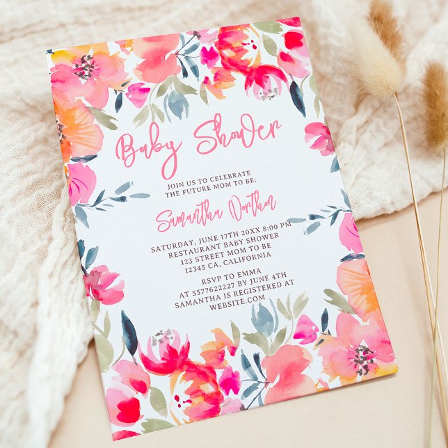 Bohemian pink watercolor flowers baby shower invitation (Bohemian pink watercolor flowers baby shower invitation)