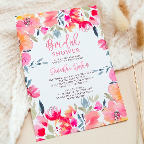 Bohemian pink watercolor flowers bridal shower invitation