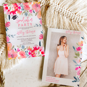 Bohemian Pink Watercolor Flowers Graduation Invitation by girly_trend at Zazzle