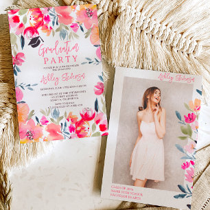 Bohemian pink watercolor flowers graduation invitation