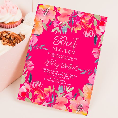 Bohemian pink watercolor flowers Sweet 16 birthday Invitation