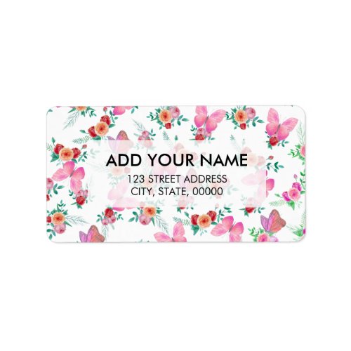 Bohemian pink watercolor roses flowers butterfly label