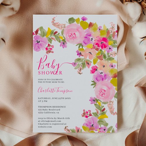 Bohemian pink wildflowers spring baby shower invitation